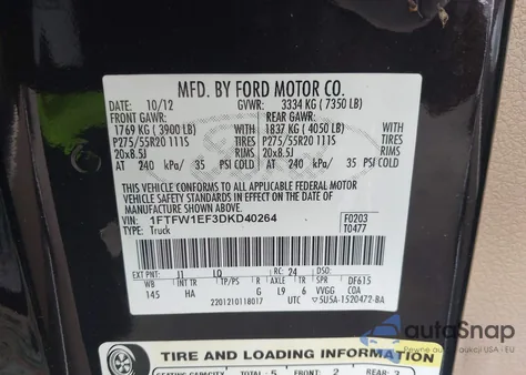 2013 Ford F-150 Lariat z USA, uszkodzony, nr VIN 1FTFW1EF3DKD40264